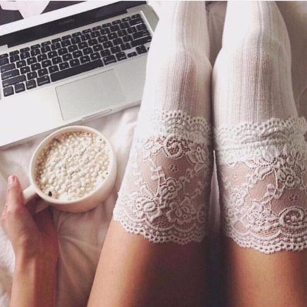 "Show Me Snow" White Lace Thigh High Ribbed Socks